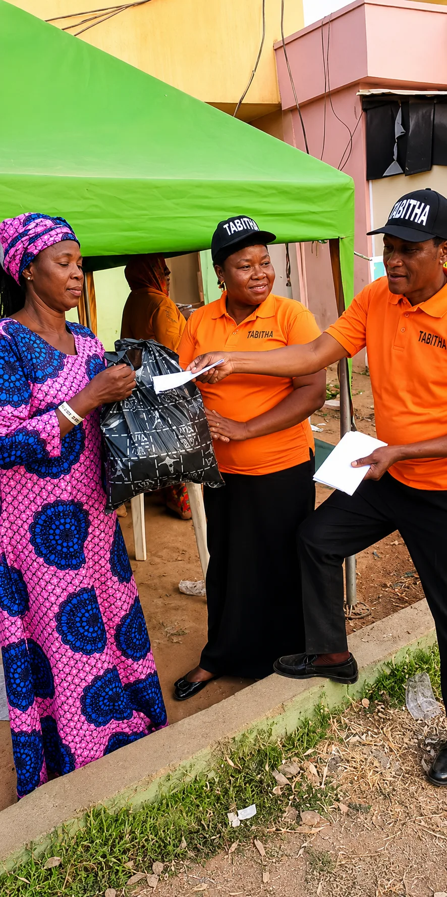 TAMOW staff handing foodstuff and a welfare envelope to a widow