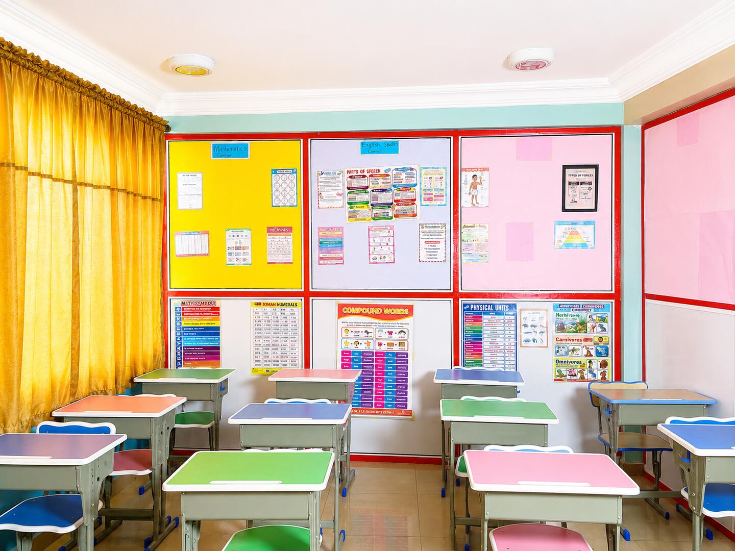 A bright classroom with educational posters
