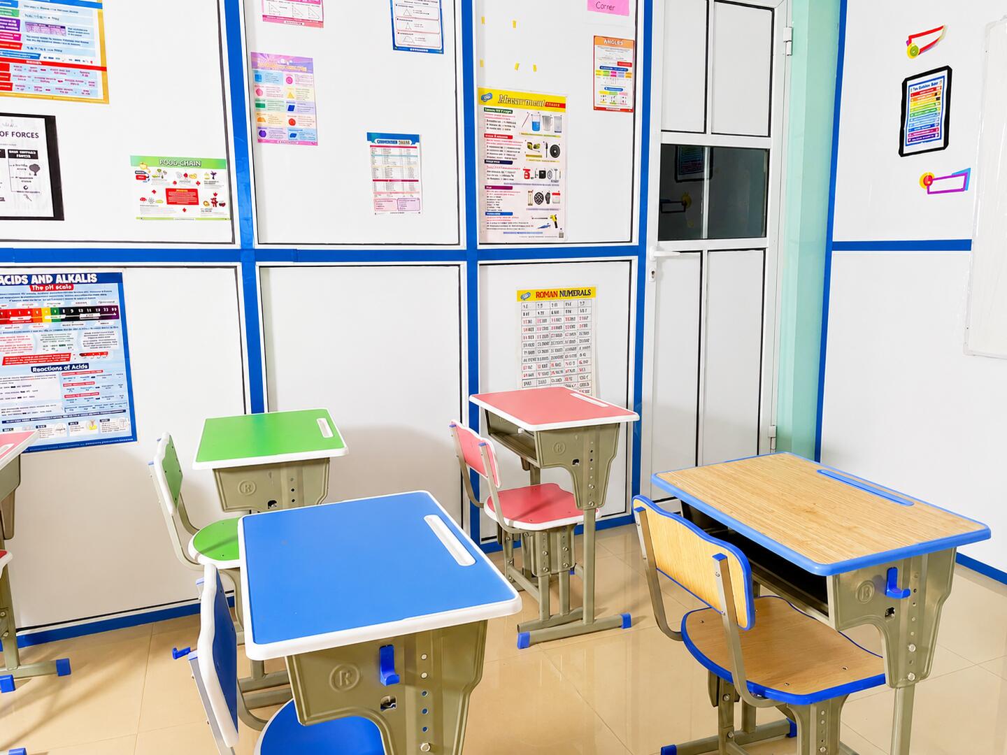 A classroom with educational wall displays